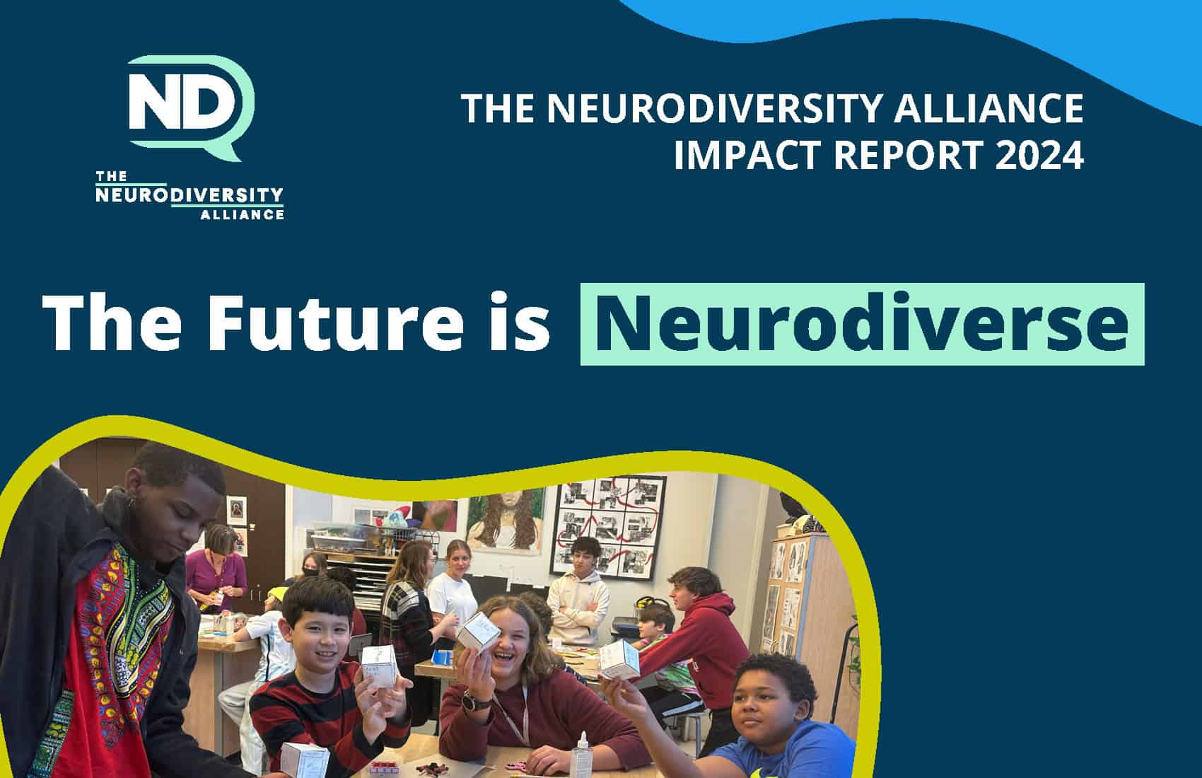 2024 Impact Report cover with a students in a classroom, smiling as they hold up a paper cube project they're working on