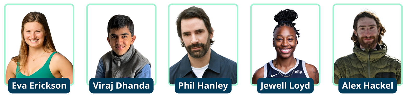 Profile photos of ND Alliance's Celebrity Ambassadors: Eva Erickson, Viraj Dhanda, Phil Hanley, Jewell Lloyd, and Alex Hackel.